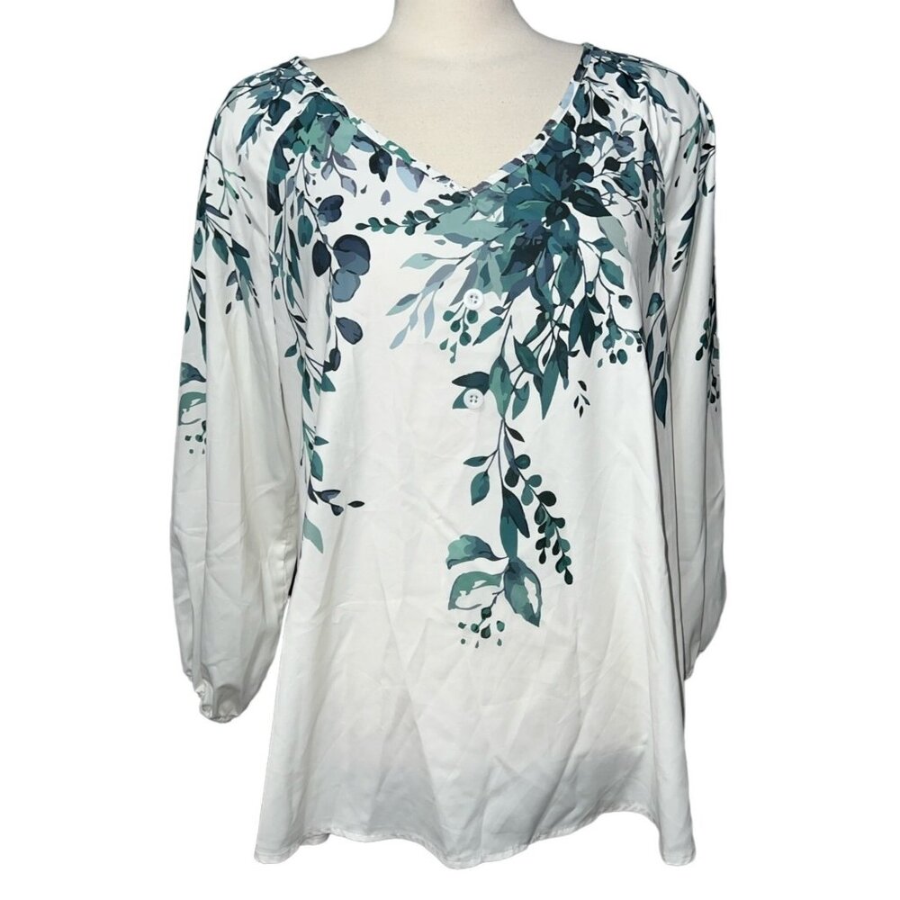 BloomChic Floral V Neck Cinched Sleeve Blouse Sz 10 (M) Womens White & Green Top